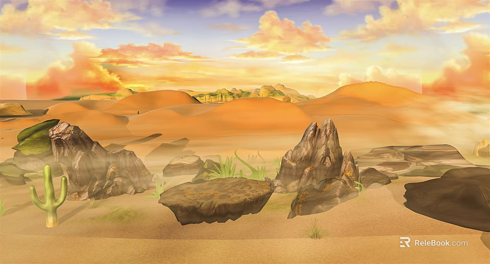 Cartoon Desert Scene With Sand Dunes Rocks Grass And Sunset Sky 3d model 