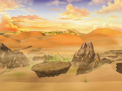 Cartoon Desert Scene With Sand Dunes Rocks Grass And Sunset Sky 3d model