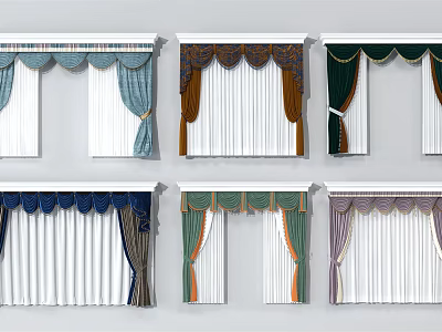 Various Stylish Curtains In Multiple Colors With Valance And Fabric Details 3d model