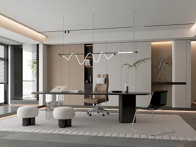 Modern Home Office Interior With Long Desk Office Chair Hanging Lamp And Plants 3d model