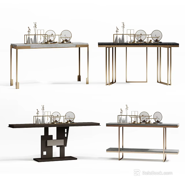 Elegant Modern Console Table With Gold Metal Frame Black Top And Decorative Items 3d model