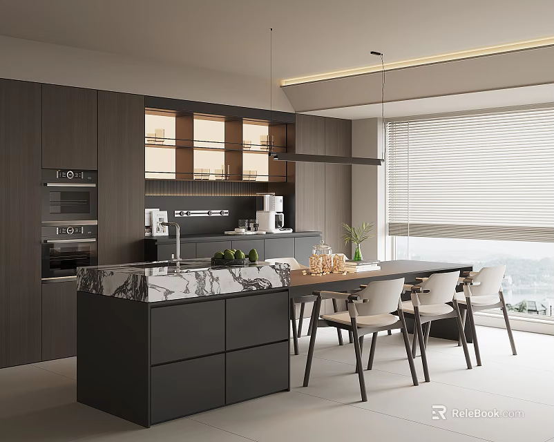 Modern Restaurant Interior With Open Kitchen Marble Island Counter Dining Table And Chairs 3d model 