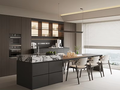 Modern Restaurant Interior With Open Kitchen Marble Island Counter Dining Table And Chairs 3d model