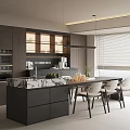 Modern Restaurant Interior With Open Kitchen Marble Island Counter Dining Table And Chairs