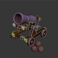 Antique Cannon With Blue Metal Barrel Wooden Carriage And Iron Cannonballs