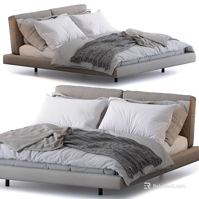 Modern Double Bed With White Pillows And Gray Blanket For Comfortable Sleep 3d model 