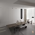 Modern Living and Dining Room Interior With Marble Wall Dining Table Staircase And Cabinets