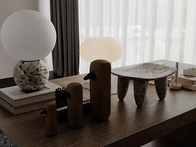 Spherical Inflatable Model Decoration On Wooden Table With White Spherical Lamp And Decorative Ornaments 3d model