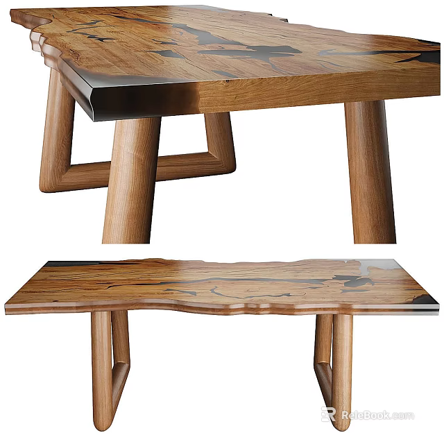 Minimalist Wooden Dining Table With Natural Wood Grain And Solid Wood Legs 3d model 