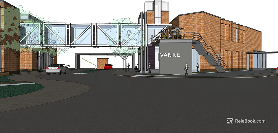 Vanke Sales Office Building With Glass Bridge Brick Exterior Entrance And Surrounding Cars Pedestrians 3d model 