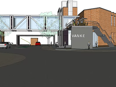 Vanke Sales Office Building With Glass Bridge Brick Exterior Entrance And Surrounding Cars Pedestrians 3d model