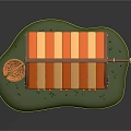 Cartoon Style Fruit Stand With Orange White Striped Awning Fruits On Shelves And Basket