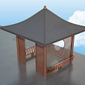 Garden Landscape Pavilion With Black Roof Wooden Circular Open Window Bench Blue Sky White Clouds