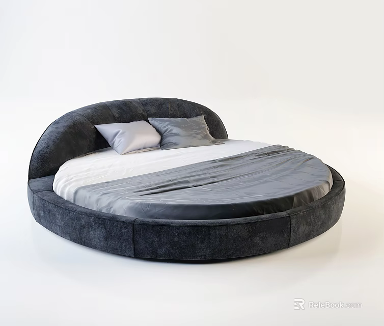 Modern Round Bed With Gray Upholstered Frame White Sheets And Pillows 3d model