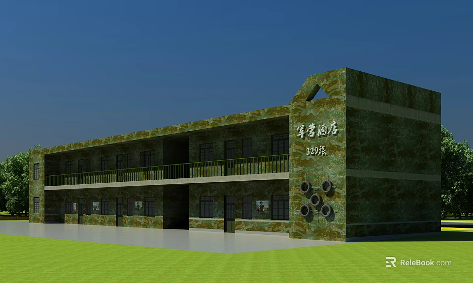 School Building With Camouflage Exterior Two Story Balcony And Green Lawn 3d model 