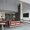Modern Living Dining Room Interior With Black Cabinets Staircase Marble Floor And Sculpture