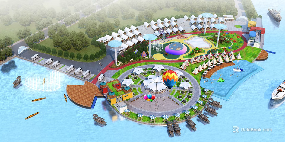 Scenic Garden Landscape Design With Circular Plaza Pavilions Water Area Boats And Greenery 3d model 