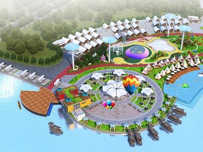 Scenic Garden Landscape Design With Circular Plaza Pavilions Water Area Boats And Greenery 3d model