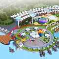 Scenic Garden Landscape Design With Circular Plaza Pavilions Water Area Boats And Greenery