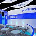 HONKON Exhibition Booth Featuring Blue Structural Design Display Screen and Reception Counter