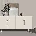 Modern Minimalist Entryway Cabinet Sideboard White With Vase Artwork Against Wooden Striped Wall Bright Lighting