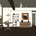Modern Restaurant Interior Design With Dining Table Chairs Shelves And Pendant Light