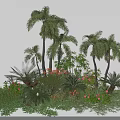 Lush Tropical Garden With Palm Trees Pink Red Flowers And Green Plants