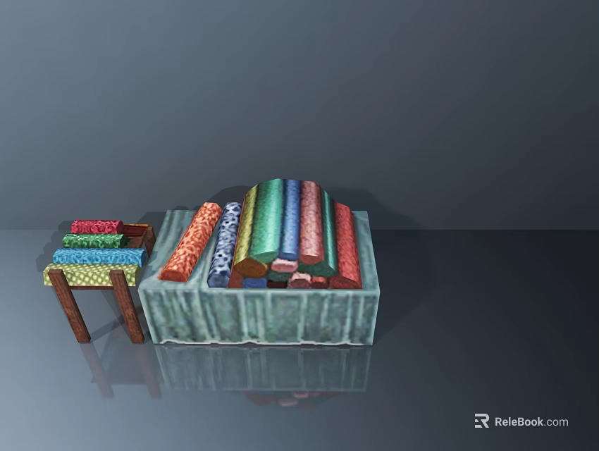 Colorful Stacked Books On Table With Patterned Tablecloth And Small Stool 3d model 