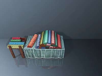 Colorful Stacked Books On Table With Patterned Tablecloth And Small Stool 3d model