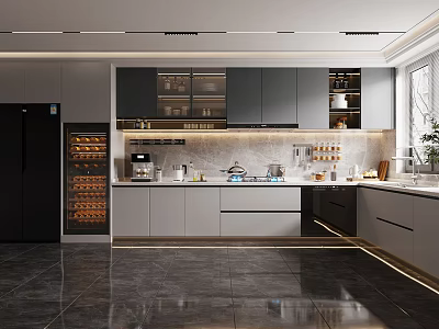 Modern Kitchen Interior With Gray Cabinets Black Refrigerator Wine Cooler And Marble Island 3d model