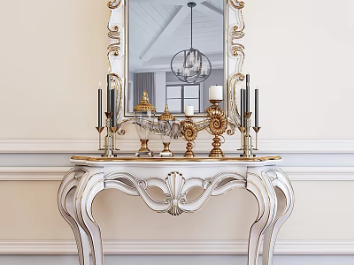 Elegant Silver And Gold Console Table With Carved Design Gold Mirror And Candle Holders 3d model