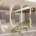 Modern Interior Featuring Backlit Oval Mirrors Decorative Panels LED Lighting And Palm Plant