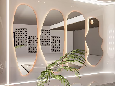 Modern Interior Featuring Backlit Oval Mirrors Decorative Panels LED Lighting And Palm Plant 3d model