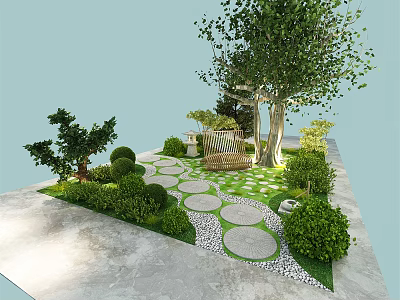 Tall Tree In Garden Courtyard With Circular Stone Path Wooden Bench And Green Shrubs 3d model