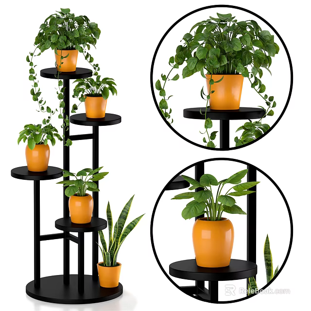 Modern Multi tiered Black Plant Stand With Orange Pots And Green Potted Plants 3d model 