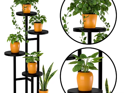 Modern Multi tiered Black Plant Stand With Orange Pots And Green Potted Plants 3d model
