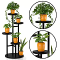 Modern Multi tiered Black Plant Stand With Orange Pots And Green Potted Plants