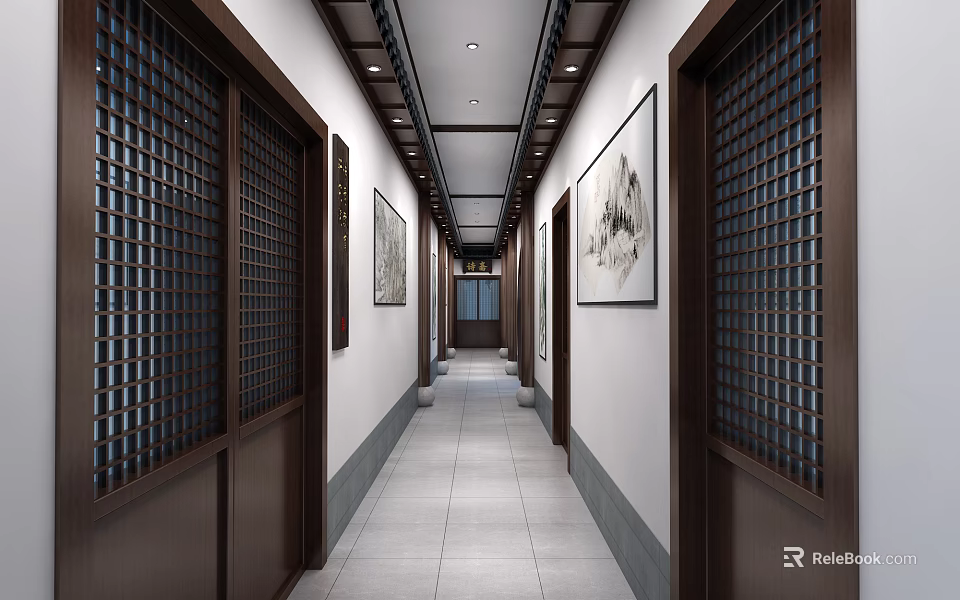 Chinese Style Elevator Hallway With Wooden Lattice Doors Ink Paintings And Gray Tiled Floor 3d model 