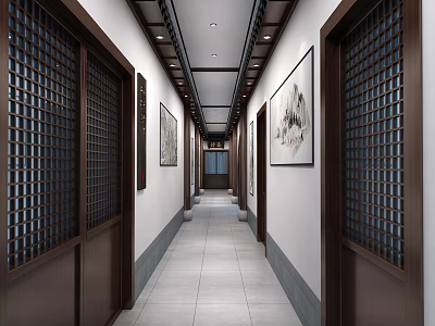 Chinese Style Elevator Hallway With Wooden Lattice Doors Ink Paintings And Gray Tiled Floor 3d model