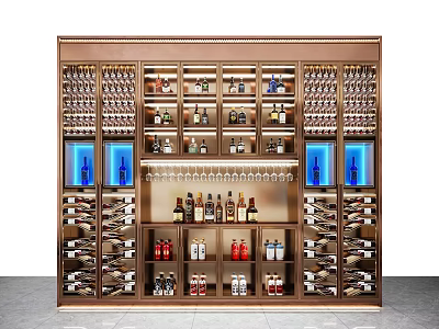 Modern Luxurious Wine Cabinet With Multiple Shelves Blue Lighting Wine Bottles And Wine Glasses 3d model