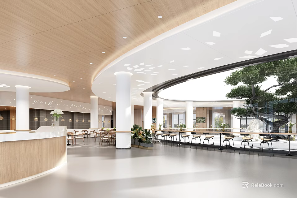 Modern Service Hall Interior With Wooden Ceiling And Open Layout 3d model
