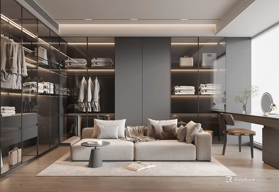 Elegant Modern Walk-in Closet With Glass Wardrobes Sofa Side Table Dressing Table And Bright Lighting 3d model 