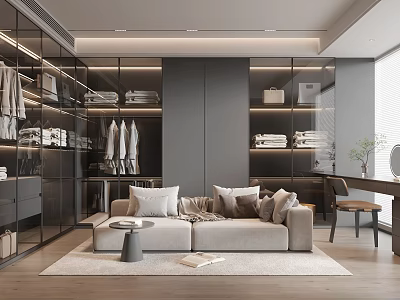 Elegant Modern Walk-in Closet With Glass Wardrobes Sofa Side Table Dressing Table And Bright Lighting 3d model