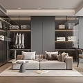 Elegant Modern Walk-in Closet With Glass Wardrobes Sofa Side Table Dressing Table And Bright Lighting