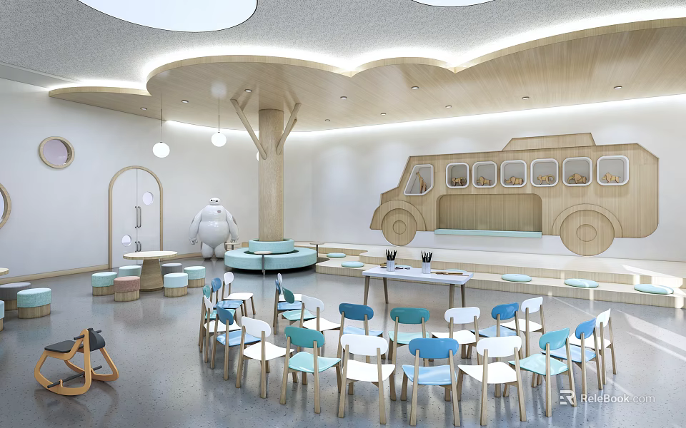 Spacious Kindergarten Classroom Interior With Colorful Chairs And Cartoon Decorations 3d model 
