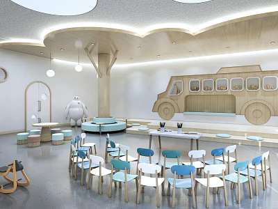 Spacious Kindergarten Classroom Interior With Colorful Chairs And Cartoon Decorations 3d model