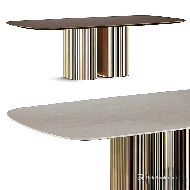 Modern Dining Table Set with Smooth Light Wood Top and Striped Column Legs Design 3d model 
