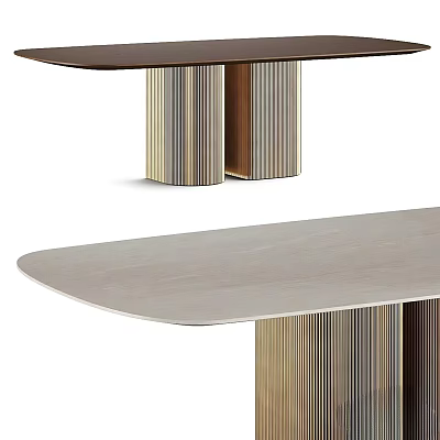 Modern Dining Table Set with Smooth Light Wood Top and Striped Column Legs Design 3d model