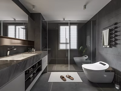 Modern Gray Bathroom Interior Design With Marble Vanity Shower Enclosure And Freestanding Bathtub 3d model