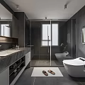 Modern Gray Bathroom Interior Design With Marble Vanity Shower Enclosure And Freestanding Bathtub 3d model